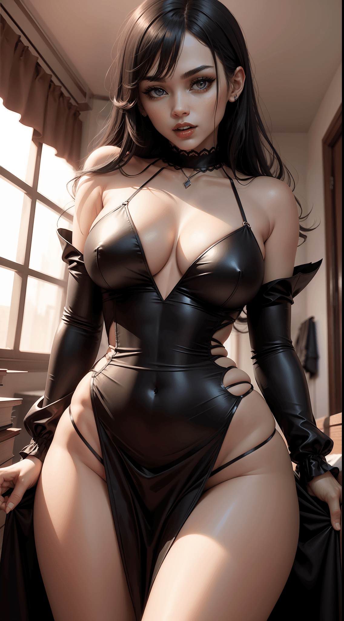 AI generated: sexy, demonic girl, in black sexy dress, black hair,