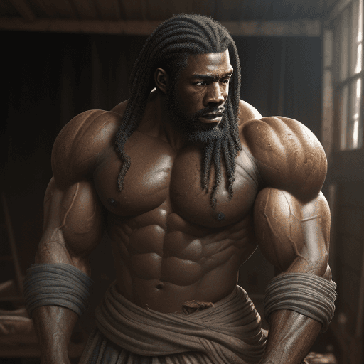 AI generated: Black Man war wrapped in old dirty cloth, wide angle, ((detailed environment)), muscular, handsome, ...