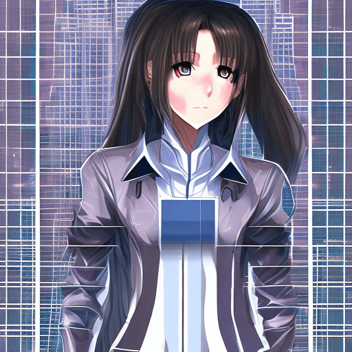AI generated: Anime character sheet of girl in trenchcoat pulls a digital techno-blade with self fractal-patternin...