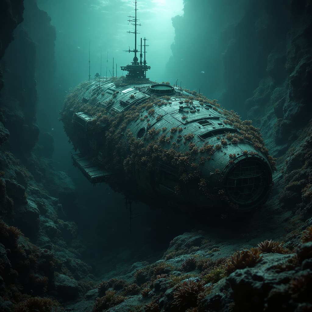 AI generated: 25.	lost underwater spacecraft covered in barnacles, deep trench background --v 7 --style eerie real...