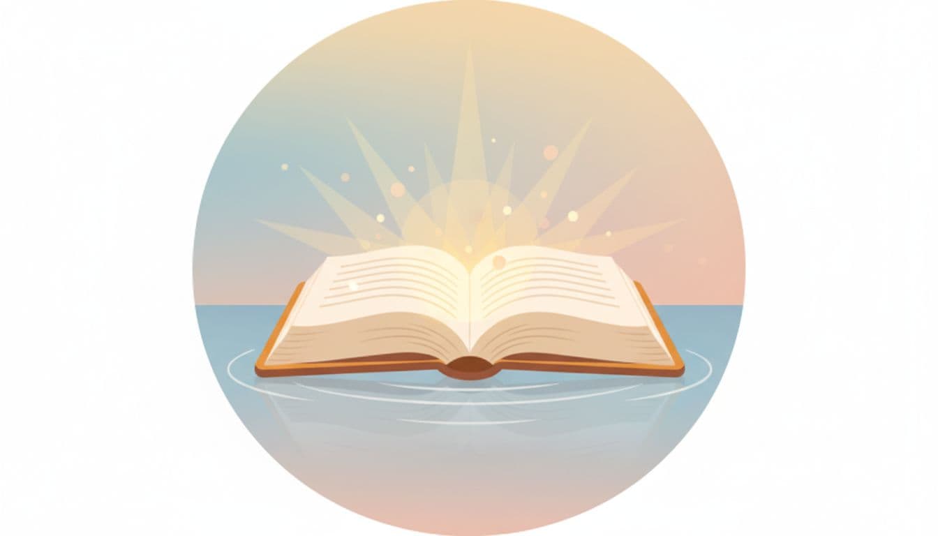 AI generated: “Minimalist flat illustration of an open book with soft rays of light and subtle water ripple reflec...