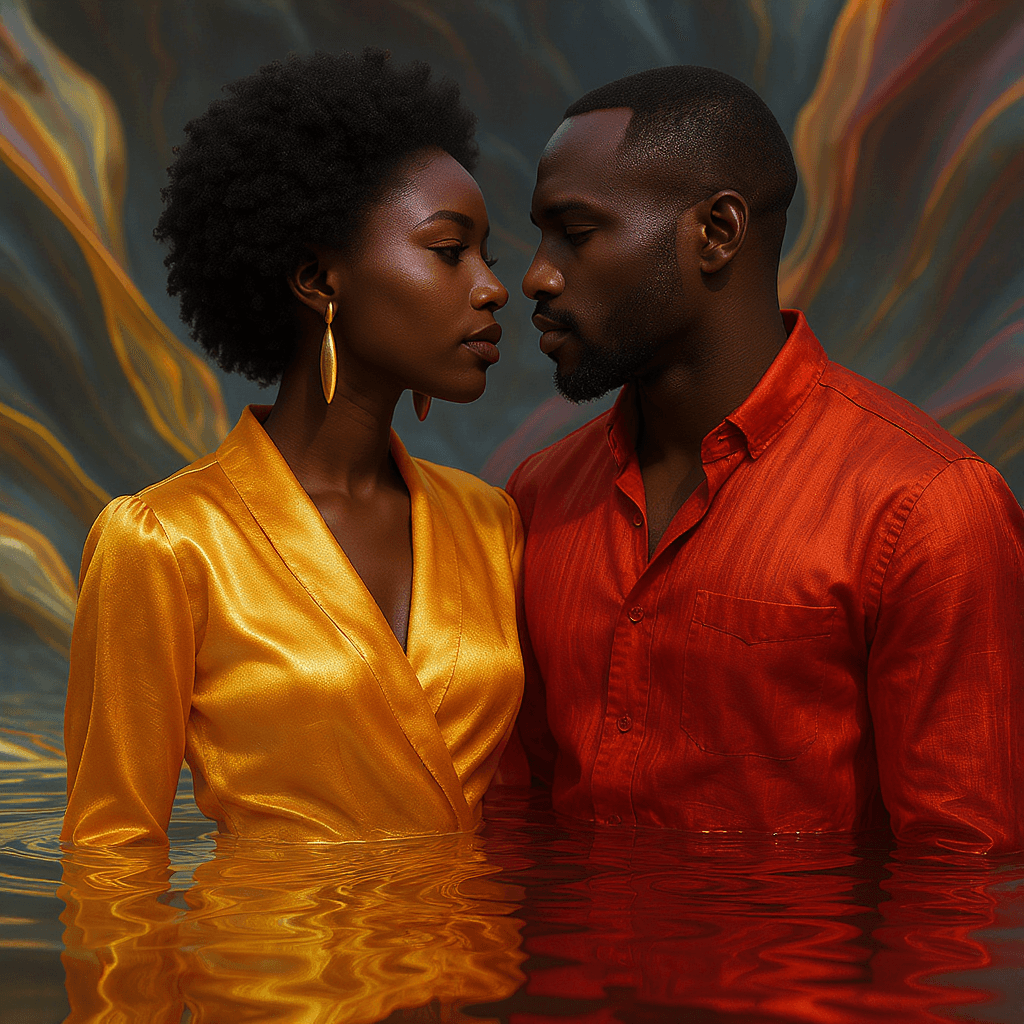 AI generated: An African American  couple in silk clothes with flowing water ripples, iridescent yellow, orange,  ...