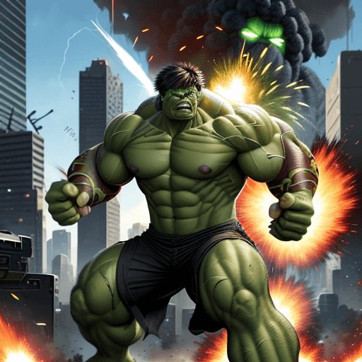 AI generated: Hulk with ethnic Hawaiian features rampaging through futuristic city while battling military which f...