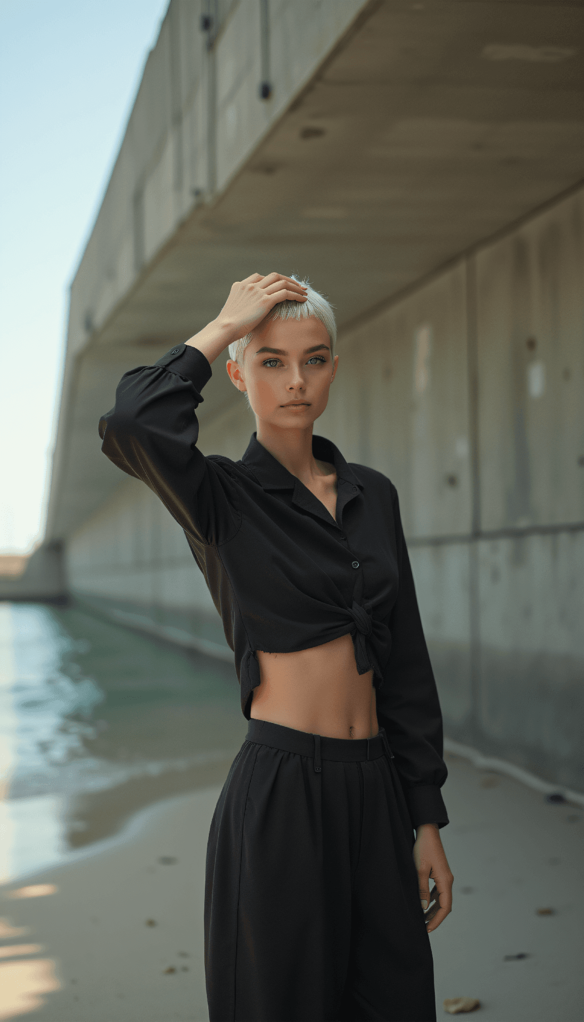 AI generated: surrealist, Brutalist high Fashion low angle photo of a 24 year old Dutch-Thai female striking model...