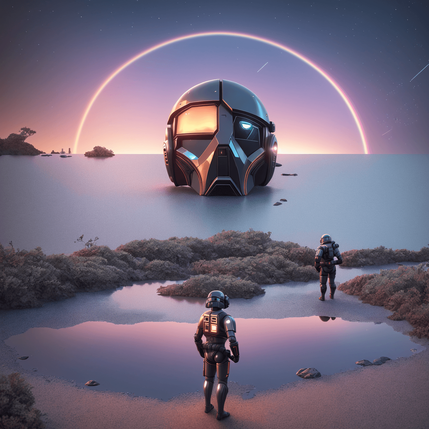 AI generated: raw photo, detailed, fujifilmxt3, ray tracing, 8k uhd, hdr, an astronaut stands on the shore of a la...