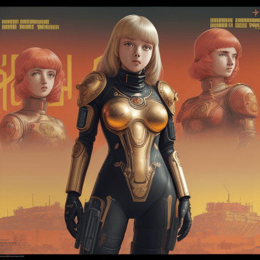 AI generated: young girl in a damaged futuristic suit (cyberpunk golden armor), style Soviet poster, USSR poster, ...