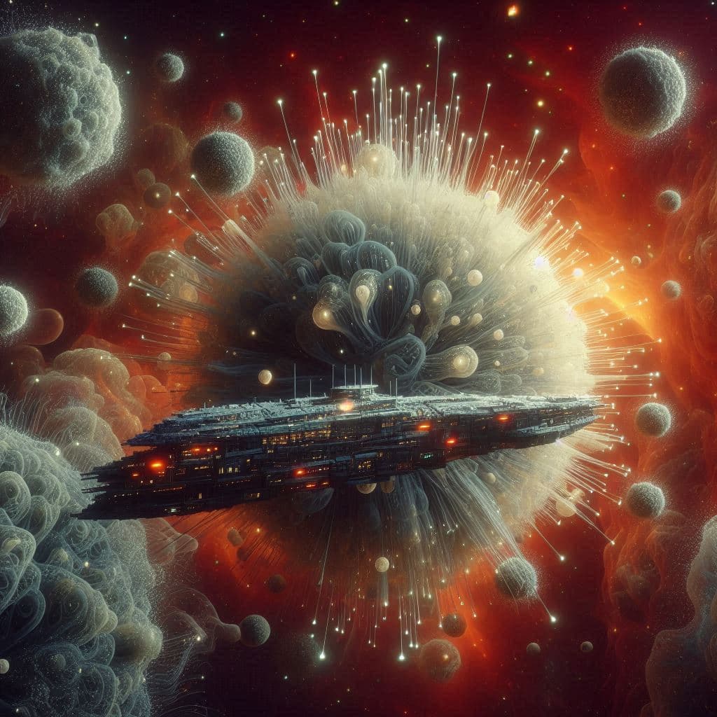 AI generated: Big in the foreground is a half-molten bionic spaceship made of translucent obsidian. The universe i...