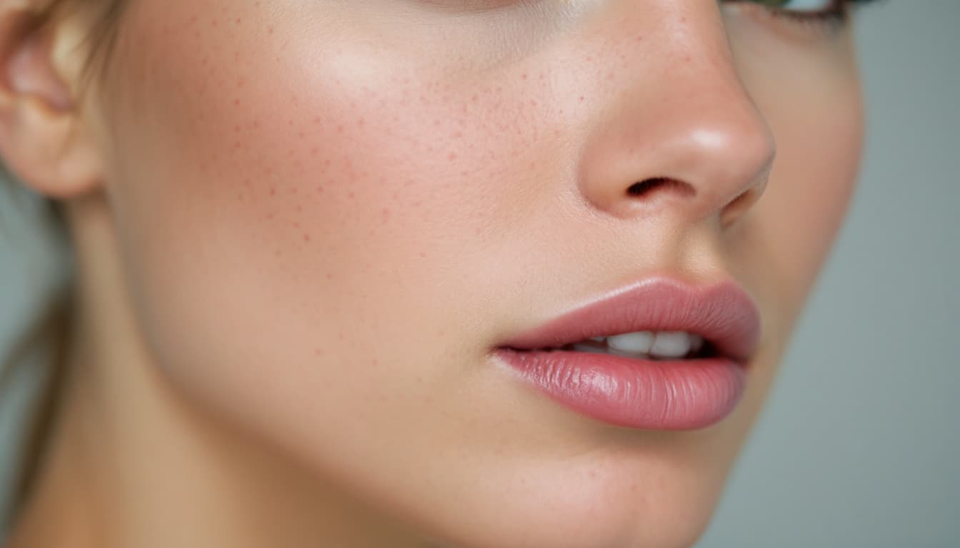 AI generated: A close-up shot of a woman's face, focusing on her left eye, cheek, and lips. She has smooth skin wi...
