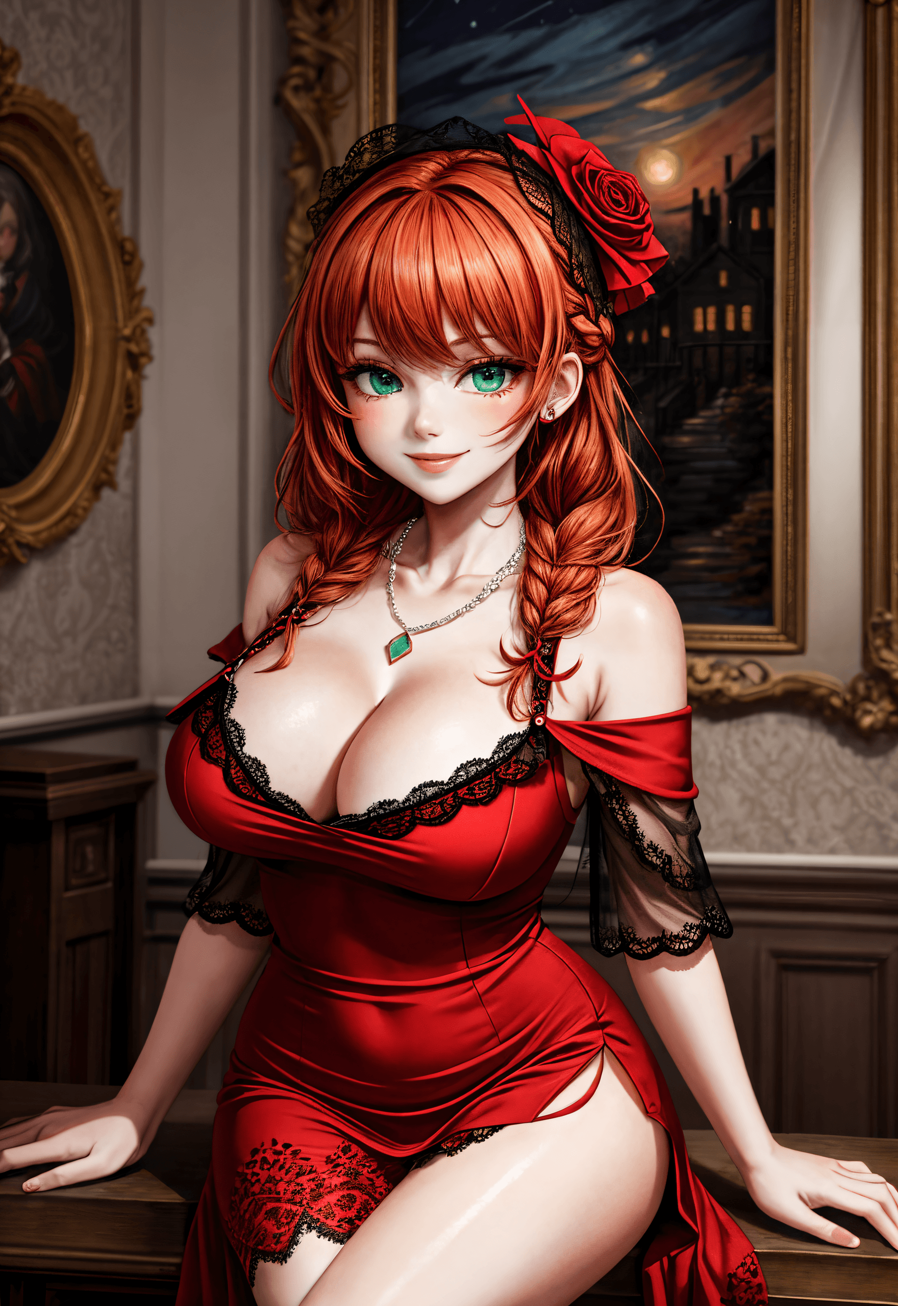 AI generated: (Masterpiece, Award winning, Highest Quality:1.2), dark-theme, (night mansion indoor), (cute), (pale...