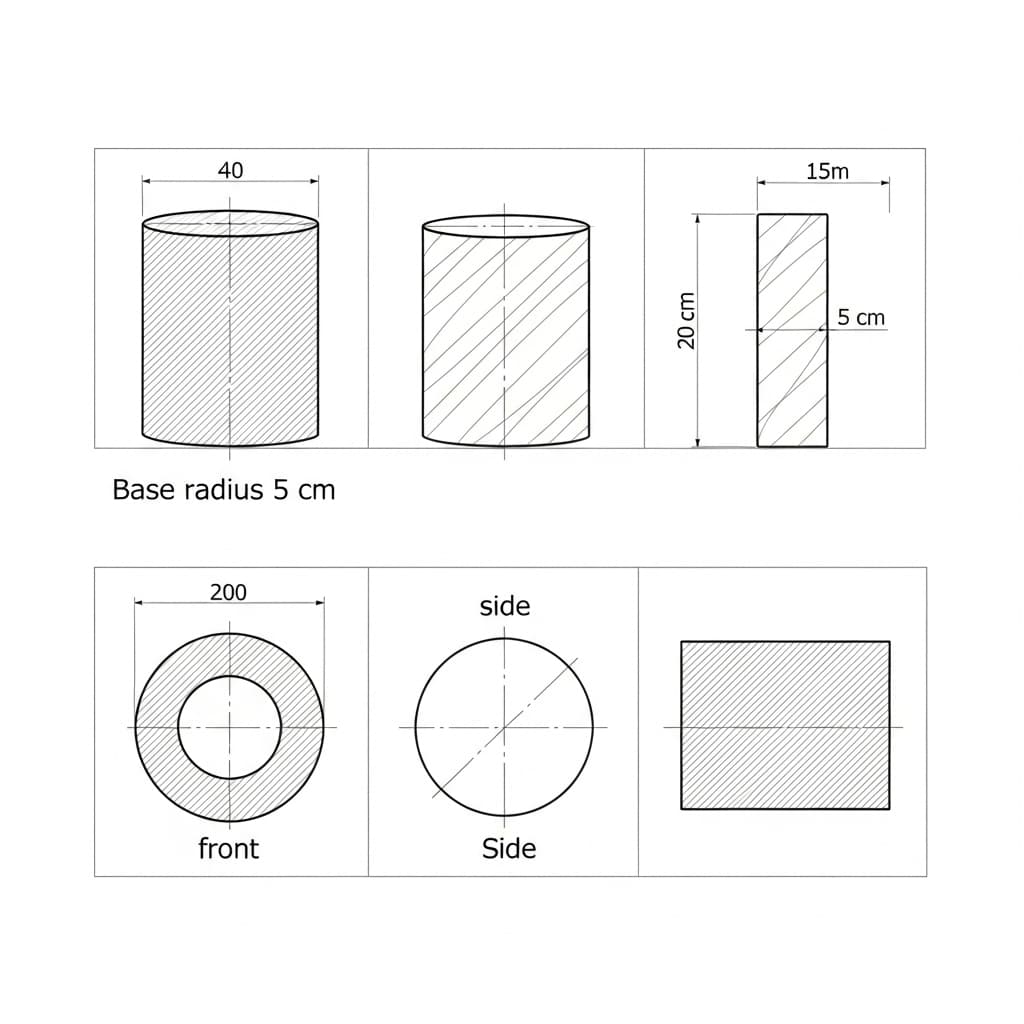 AI generated: [Technical drawing of a Cylinder with a base radius of 5 cm and a height of 20 cm showing three orth...