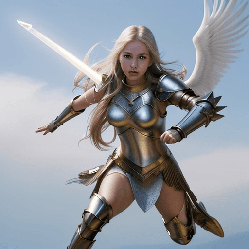 AI generated: an girl with a valkyrie armor, wealding a light sword, flying, with a white wing, perfect body, shar...