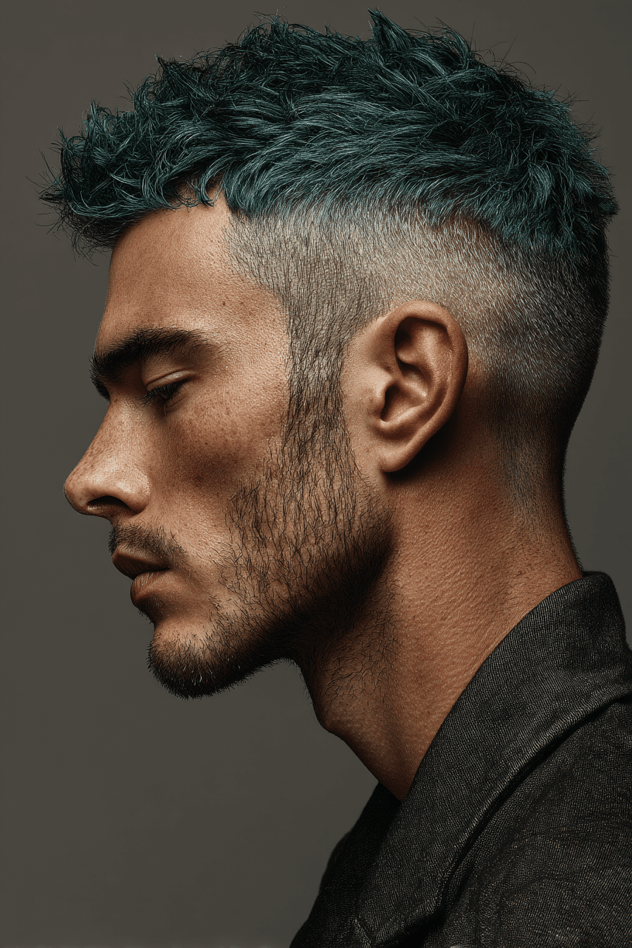 AI generated: hair photography, side-profile, man with textured fade with line part hairstyle, teal green color,  ...