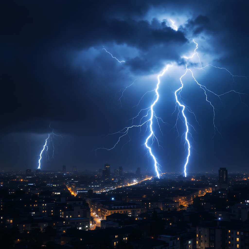 AI generated: "Create a realistic image of a single lightning strike cutting through a dark, stormy sky. Include d...