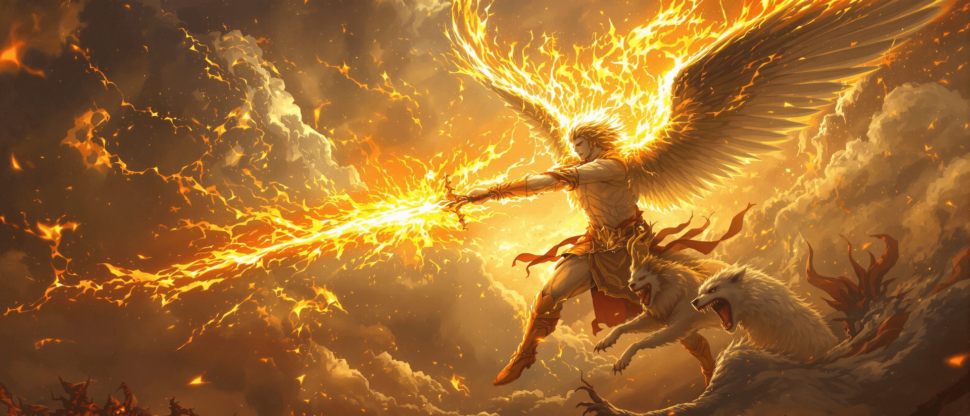 AI generated: An angel spreading his wings, with a fire sword in his right hand and an angelic dog by his side , s...