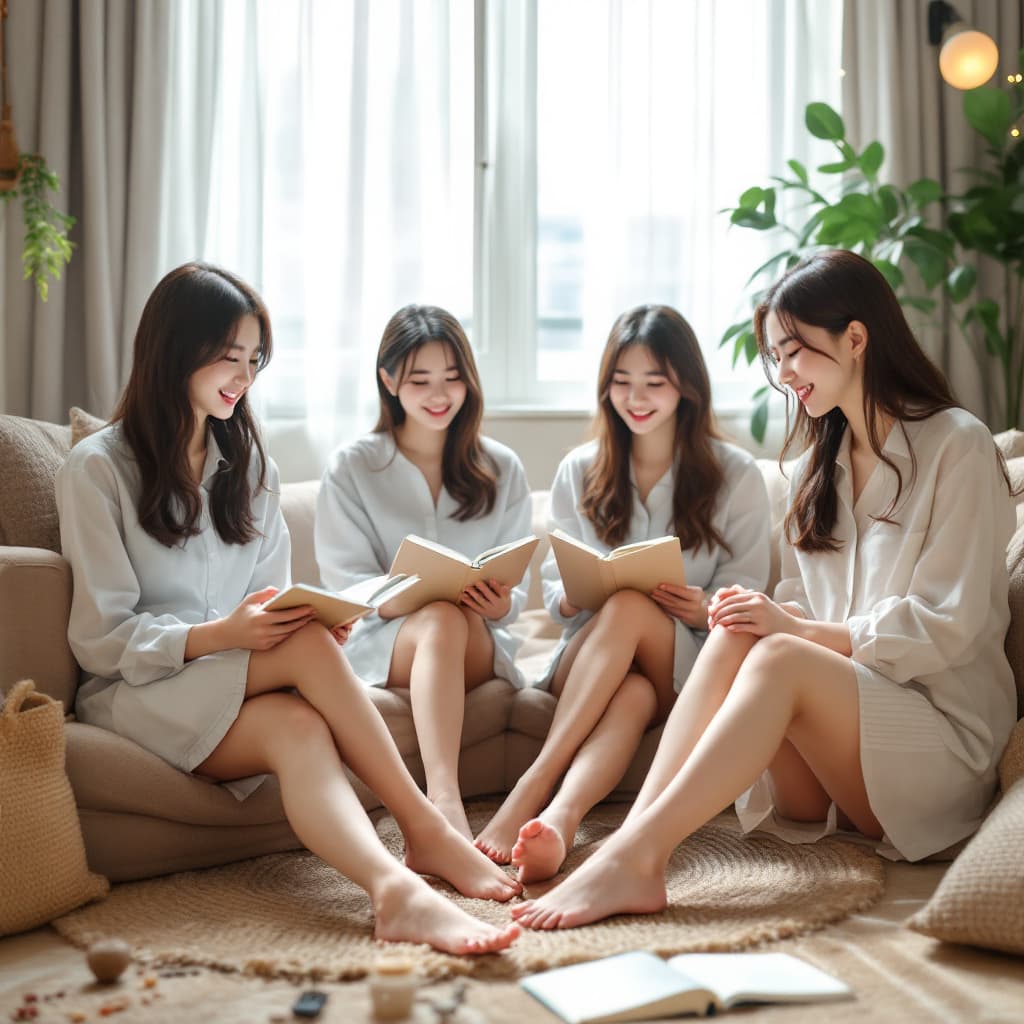 AI generated: 4 adults female students chatting and studying in a living room. Asians students. College uniforms b...
