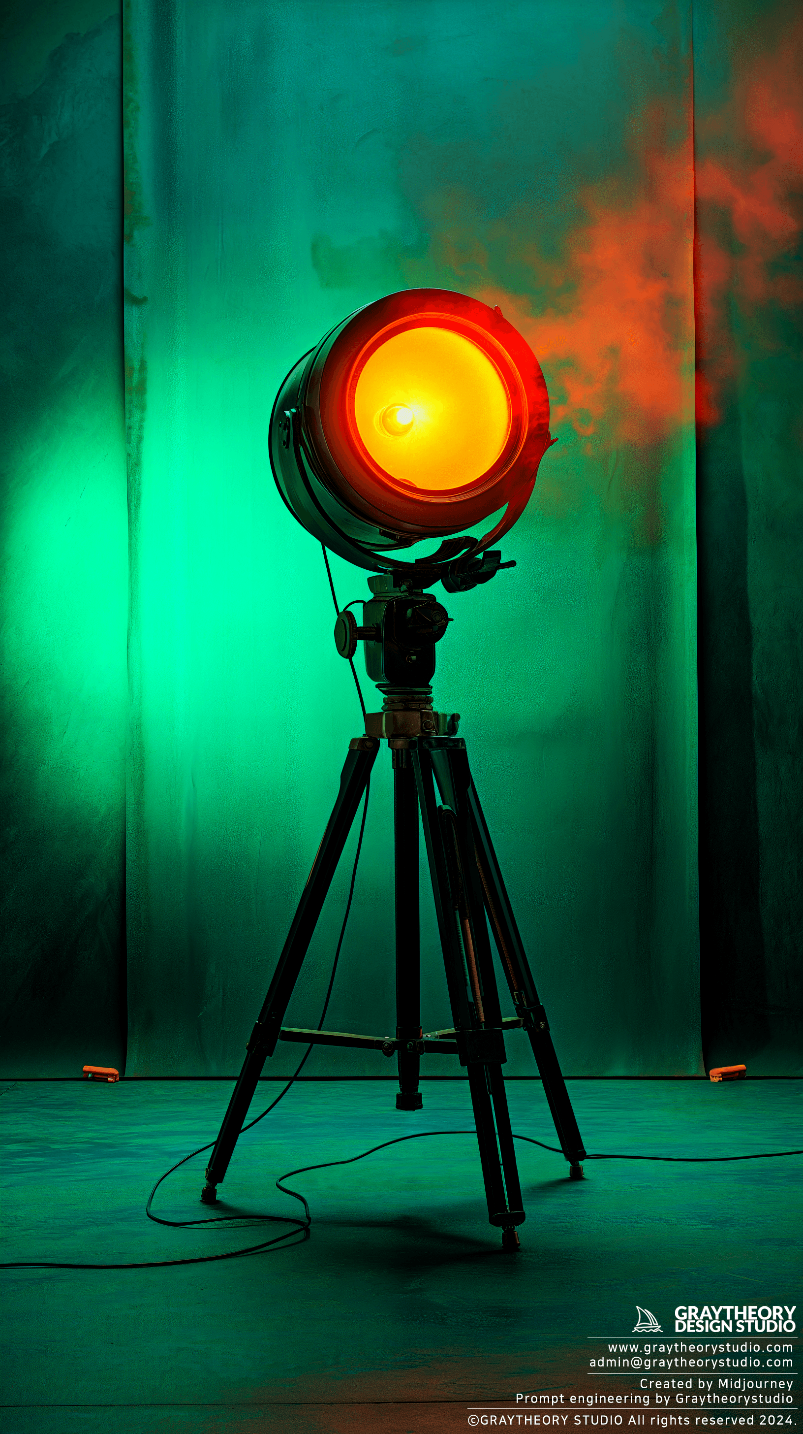 AI generated: Mid-century stand lighting, cyclorama in a photo studio, full shot, Leica Q2 28mm f/1.7, soft lumine...