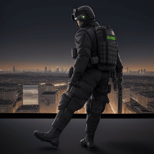 AI generated: Photo-realistic image of the third generated futuristic SWAT team boots worn by a SWAT member agains...