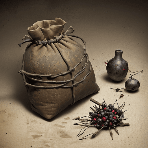 AI generated: ancient gris-gris bag used in voodoo rituals, dark yellowish ochre color bag, rustic in appearance, ...
