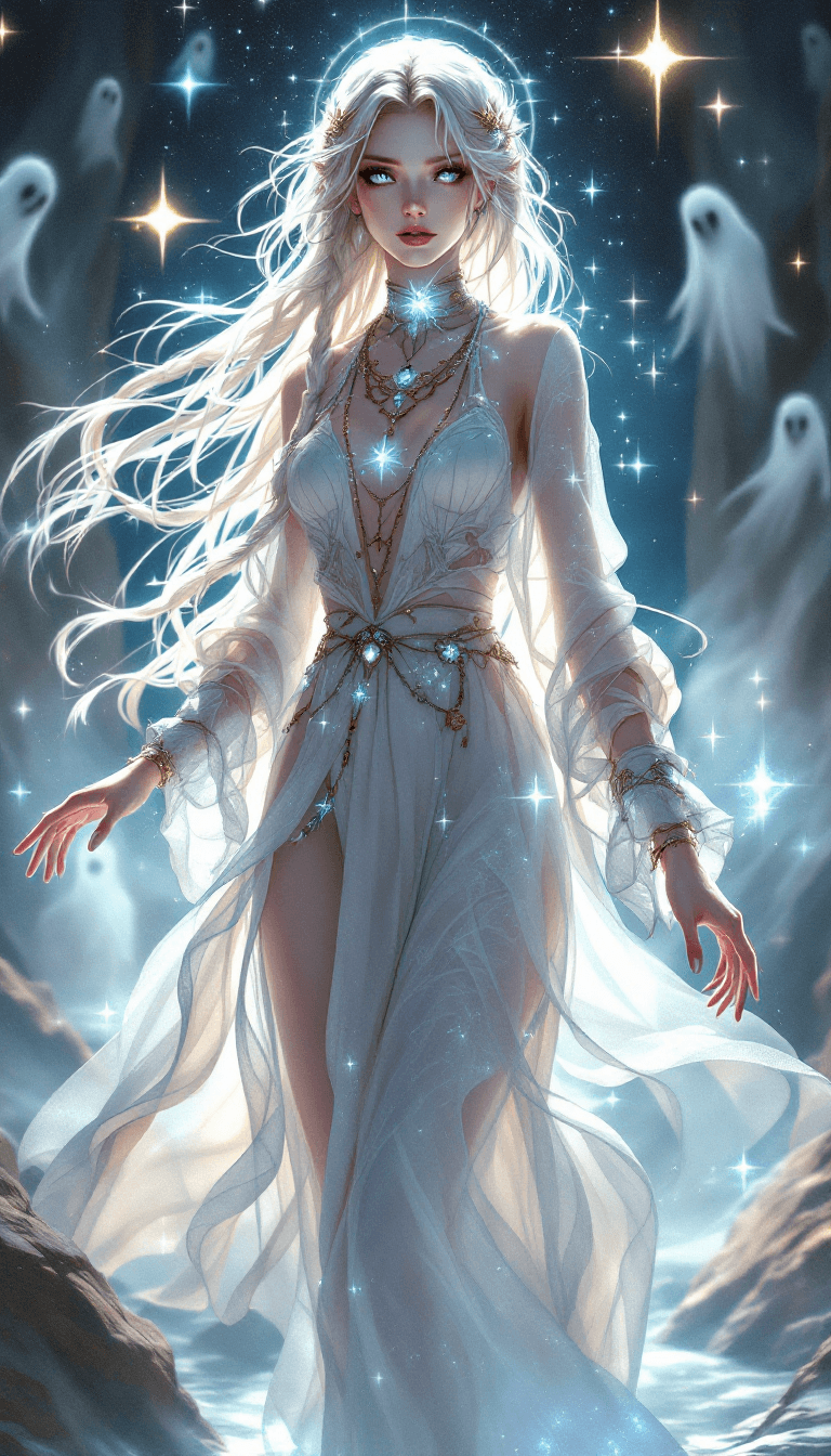 AI generated: The Celestial Spirit Weaver: A serene and powerful medium with long, platinum blonde hair that seems...