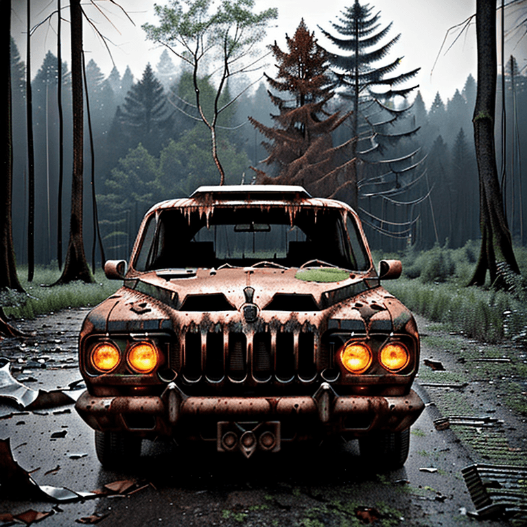 AI generated: The ghost car sits abandoned in the heart of the forest, its rusted metal and shattered windows hint...