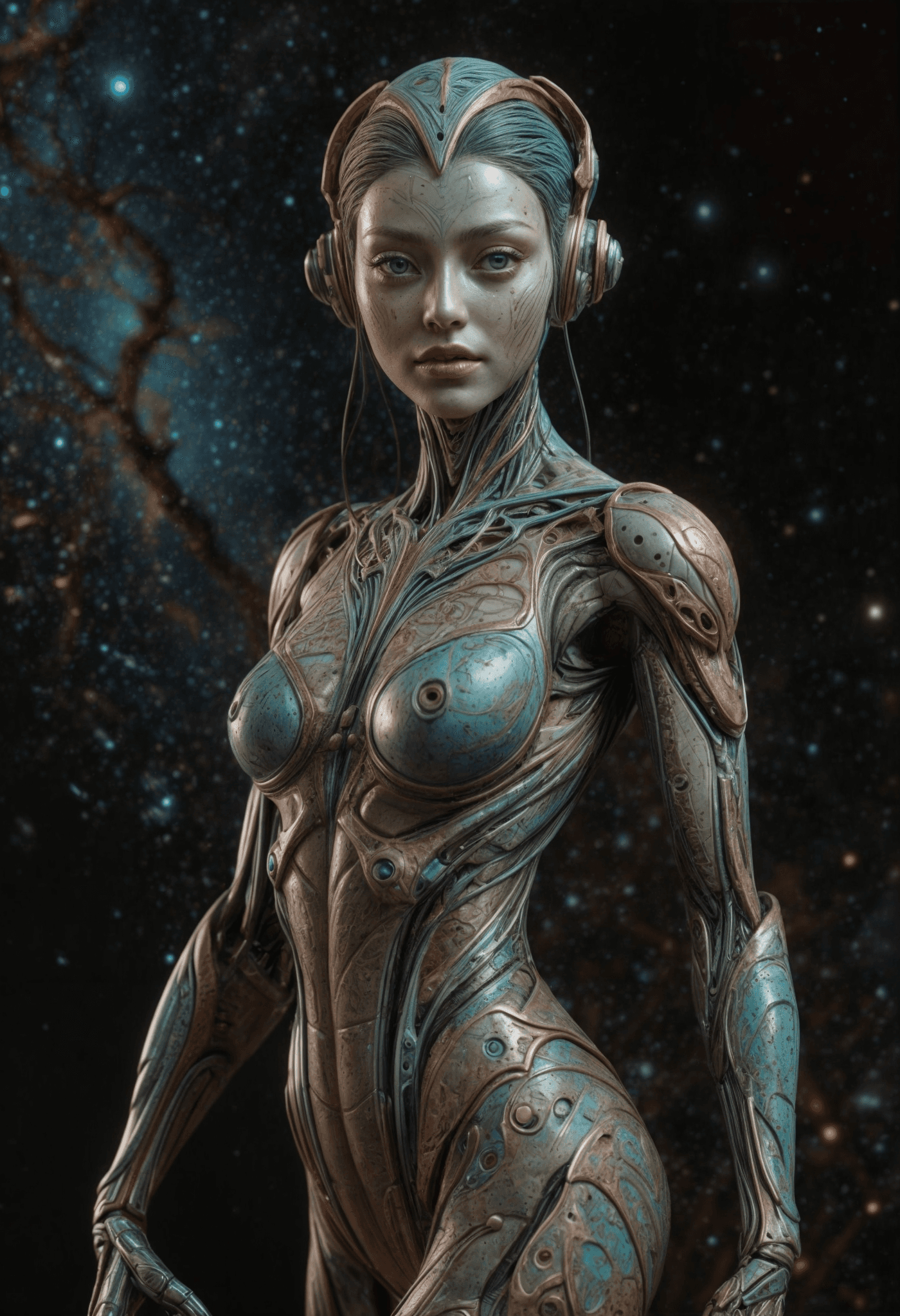 AI generated: a close up of a sculpture of a person, psychedelic organic cyborg, “ femme on a galactic shore, stun...
