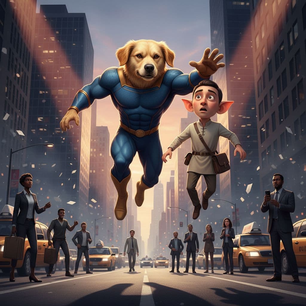 AI generated: Tony the dog, humanoid with human-like expressions, heroically leaping to protect a small human-like...