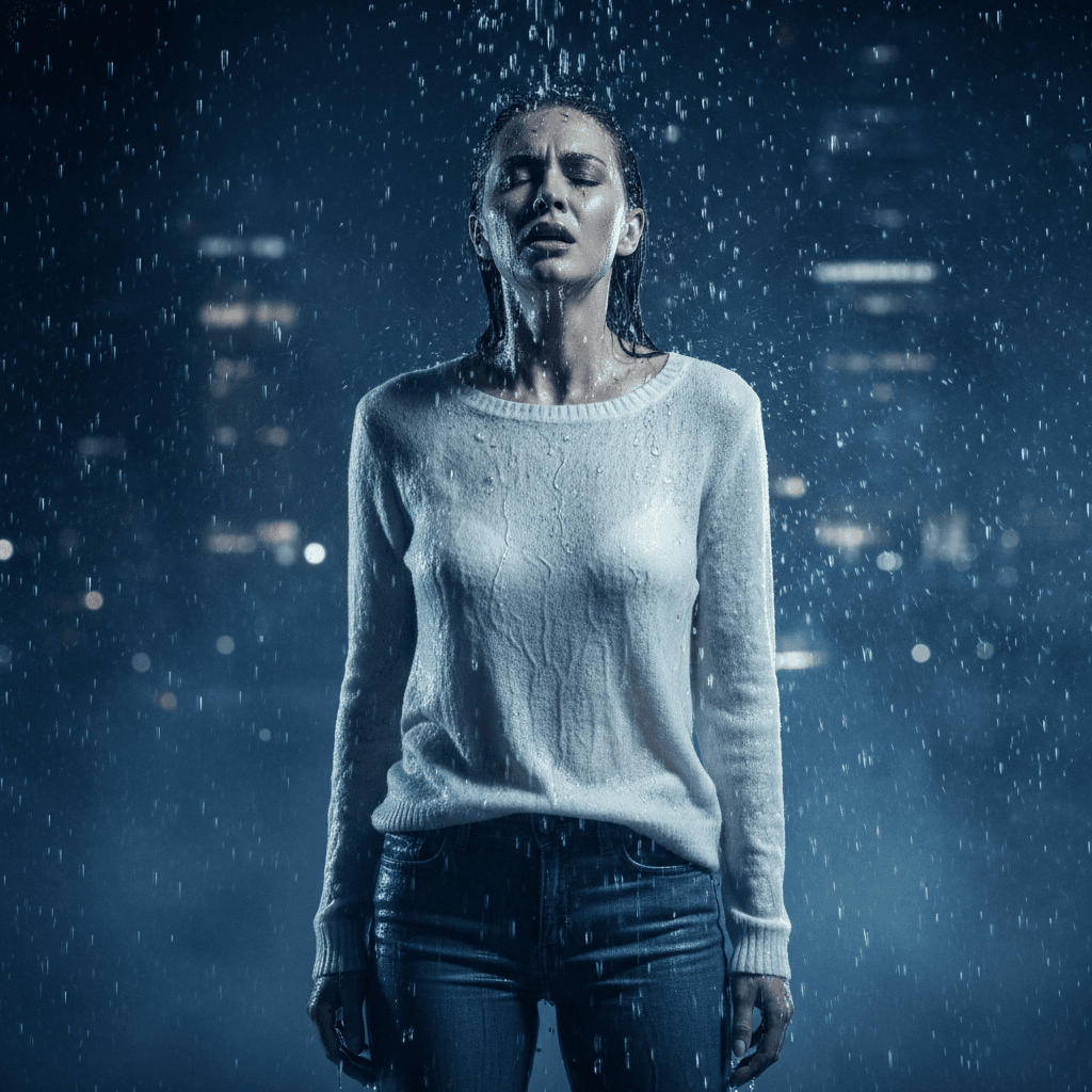 AI generated: Create an image with the attached photo of an elegant woman standing in intense rain, soaked, and a ...