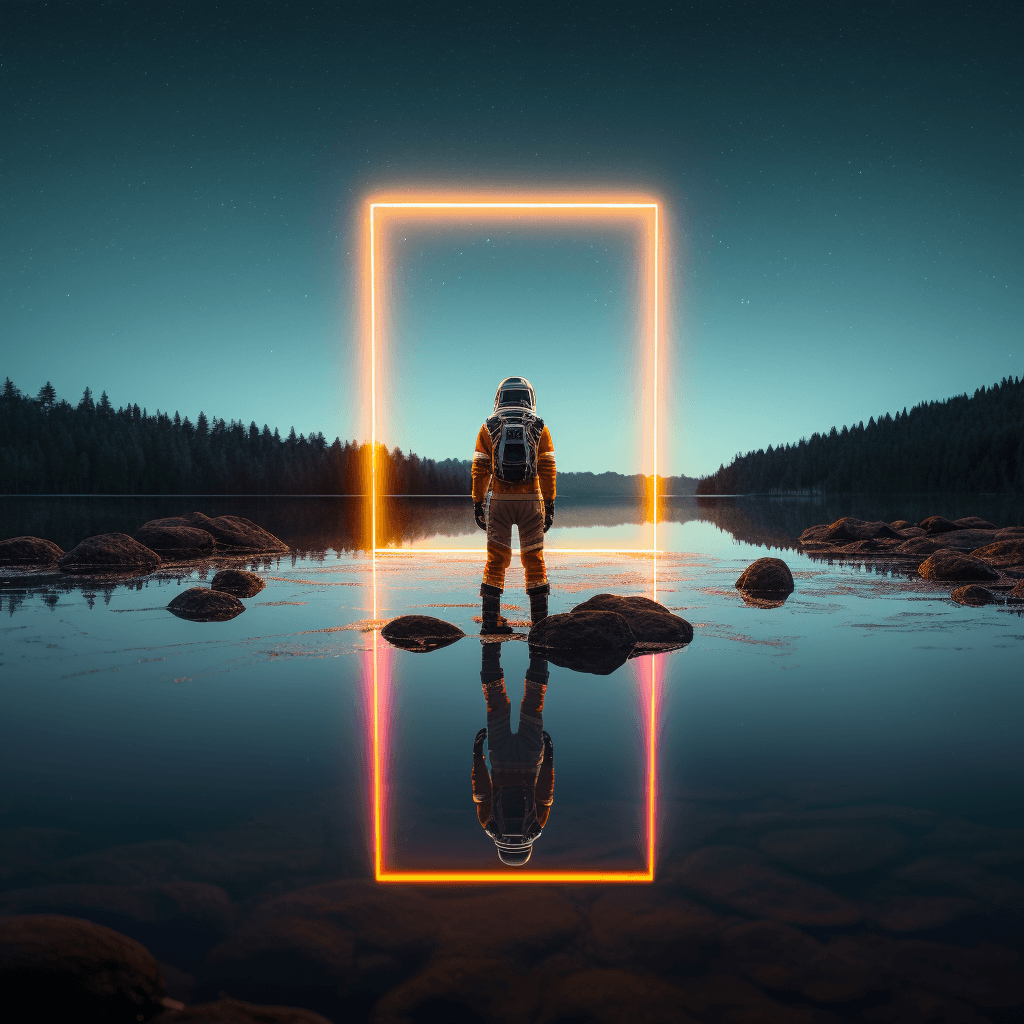 AI generated: raw photo, detailed, fujifilmxt3, ray tracing, 8k uhd, hdr, an astronaut stands on the shore of a la...
