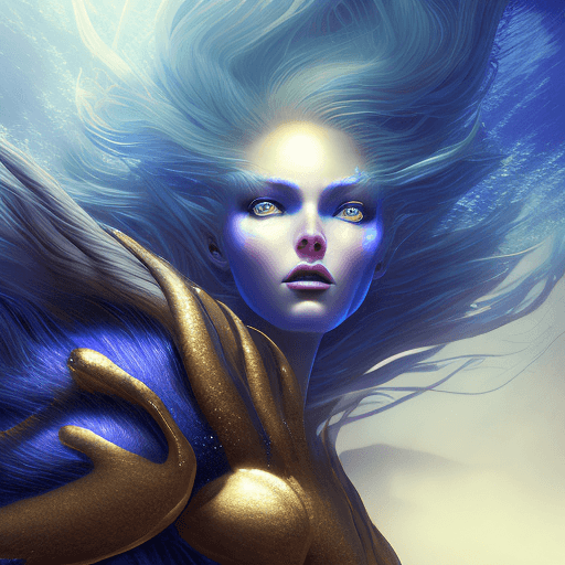 AI generated: anthropomorphic fem incredible creature from the Mariana Trench, ultramarine hair and gold eyes, ult...