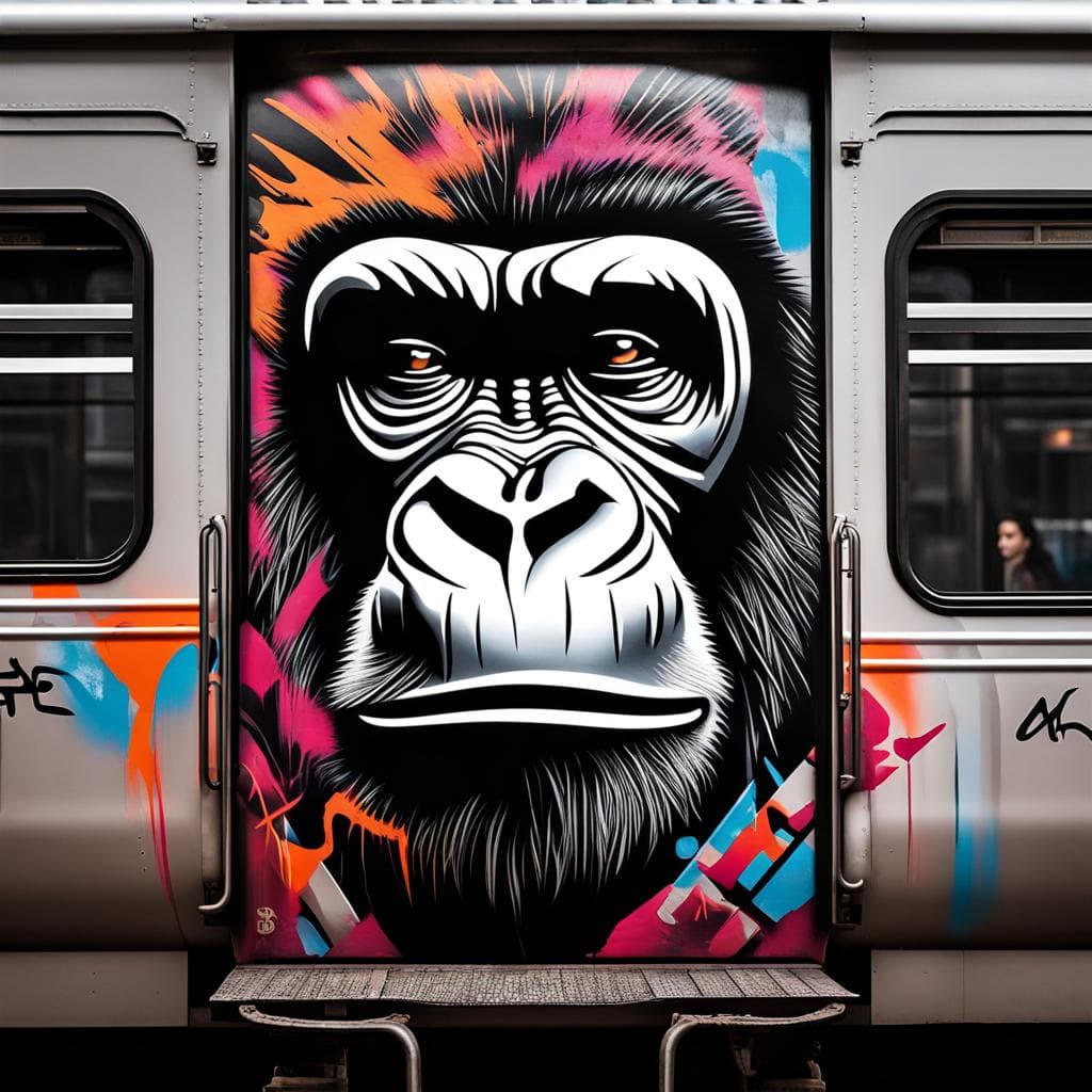 AI generated: Amidst the bustling city, a serene train stop unveils a stunning graffiti combat gorilla adorning th...