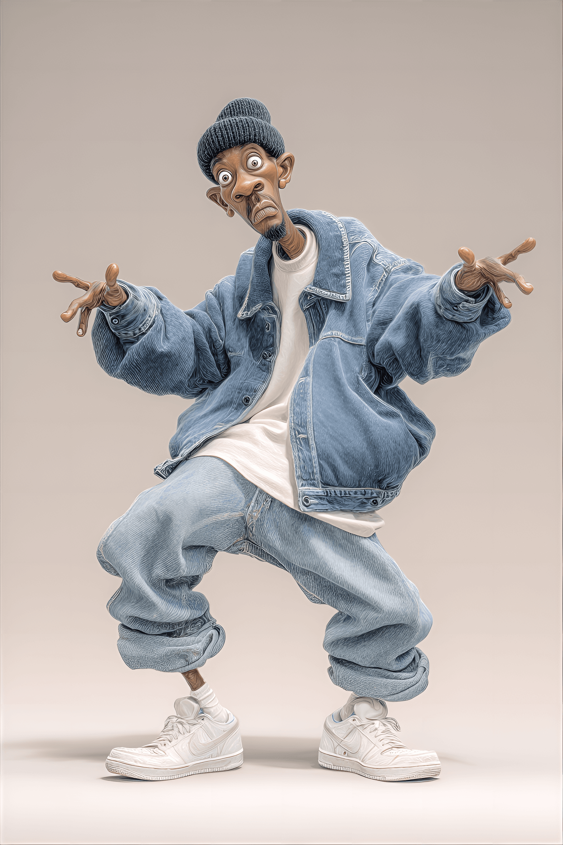 AI generated: funny caricature, funky dancer, male, african american ethnicity, 28 years old, energetic, flexible,...