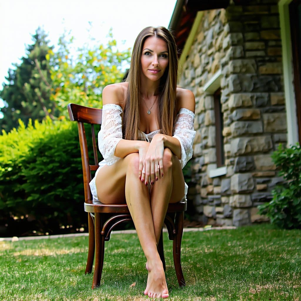 AI generated: A woman sitting on a backwards wooden chair outdoors with greenery and a stone building in the backg...