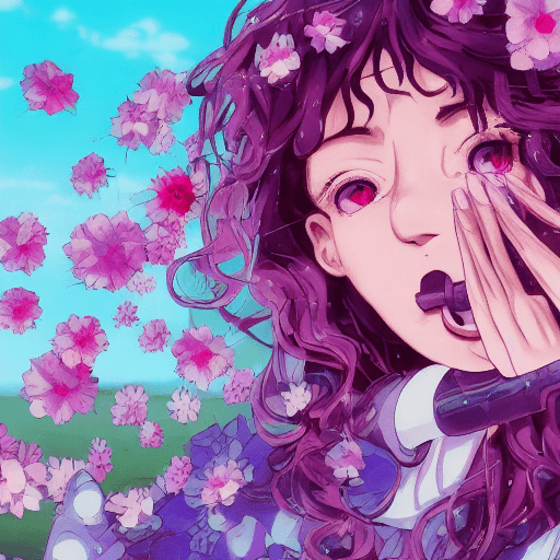 AI generated: Adult girl, piggy nose, on her knees, open mouth, long curly hair, half-turned, sad face,  black hai...
