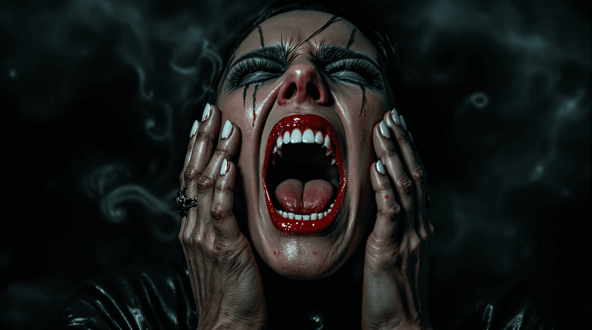 AI generated: An extreme close-up, portrait of **Lilith in her leather attire**, head tilted back, mouth open in a...