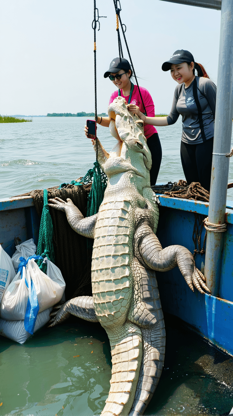 AI generated: A full-length photograph of two female fishermen on a fishing boat with a giant dead alligator The  ...