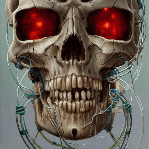 AI generated: cyborg skull, hyperrealistic painting, style of Donato Giancola, skull suspended in center of image,...