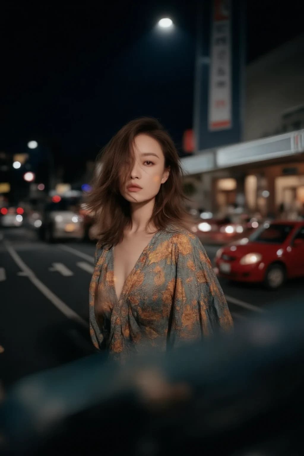 AI generated: A woman stands confidently on a bustling city street at night, her long, wavy brown hair cascading d...