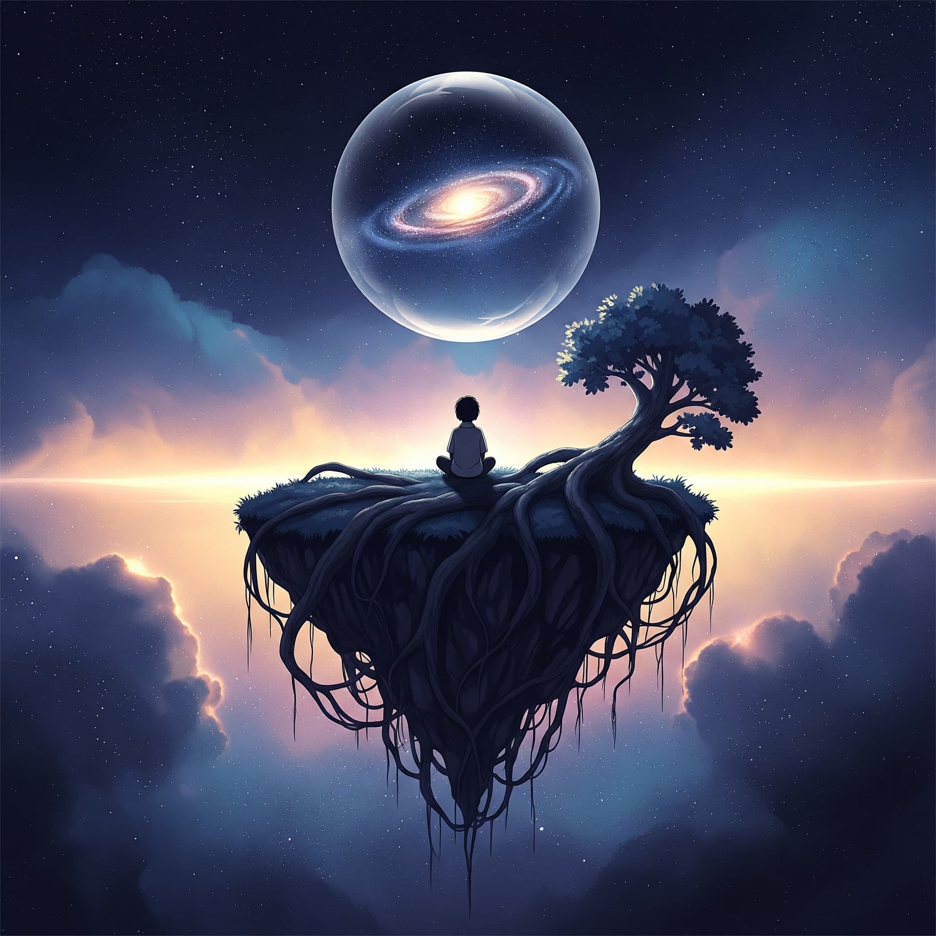 AI generated: A serene and contemplative scene for the evening. A lone figure, silhouetted against a vast, star-fi...