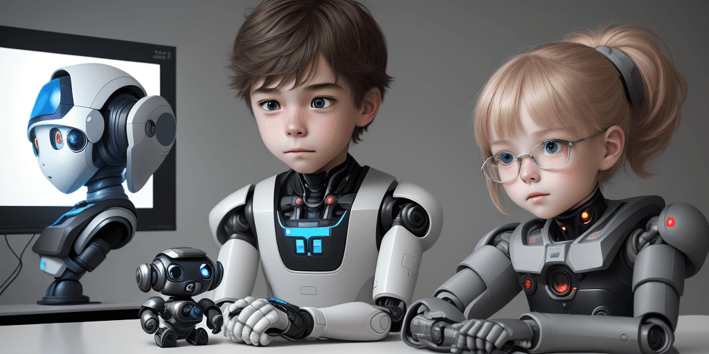 AI generated: two human boy and girl students, detail face, wearing school uniforms, learning with a small and cut...