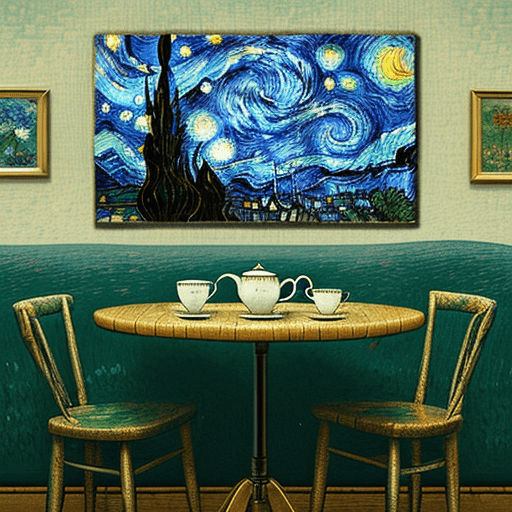AI generated: cup of tea, on a table, in the style of Van Gogh's Starry Night. --ar 45:56 --s 250