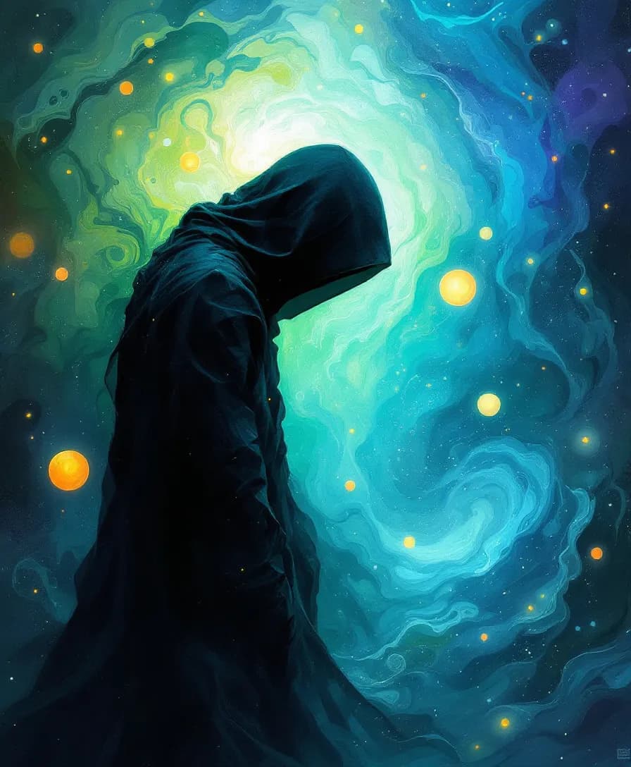 AI generated: A hooded figure stands amidst a surreal dreamscape, their bowed head and muted posture embodying sol...