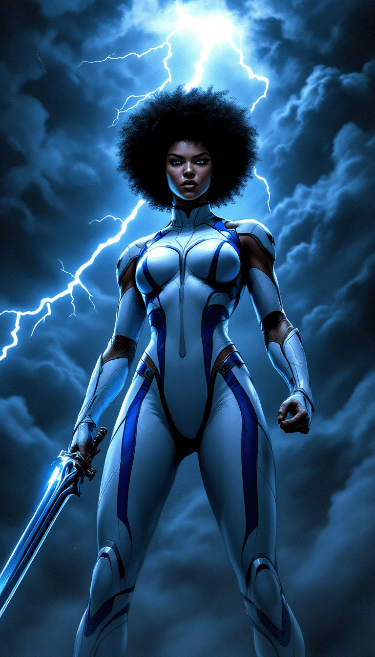 AI generated: The image shows a female superhero standing in front of a stormy sky with lightning bolts. She is ho...