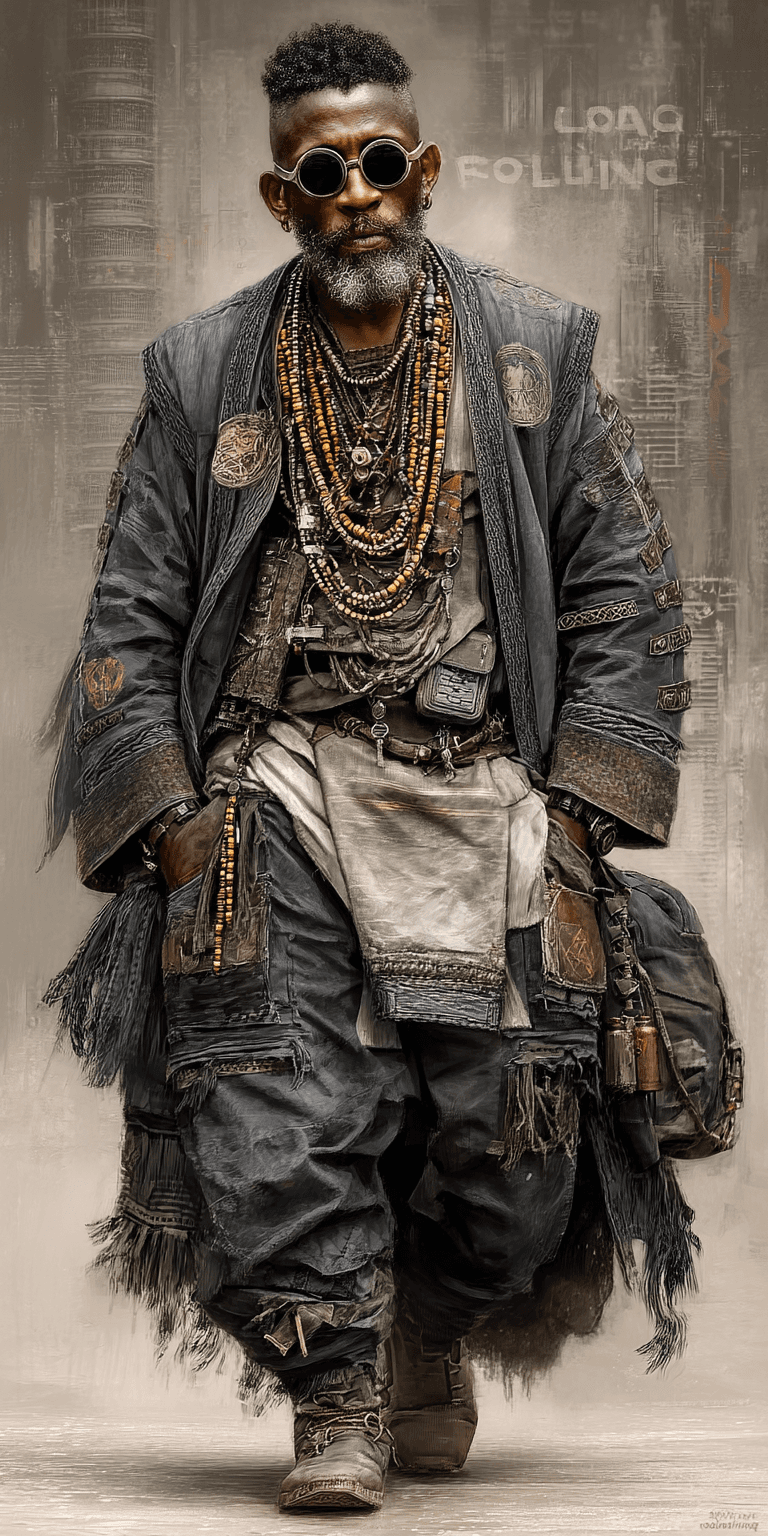 AI generated: dark, stylish, and futuristic figure, likely 30-40 years old with African descent, walks confidently...