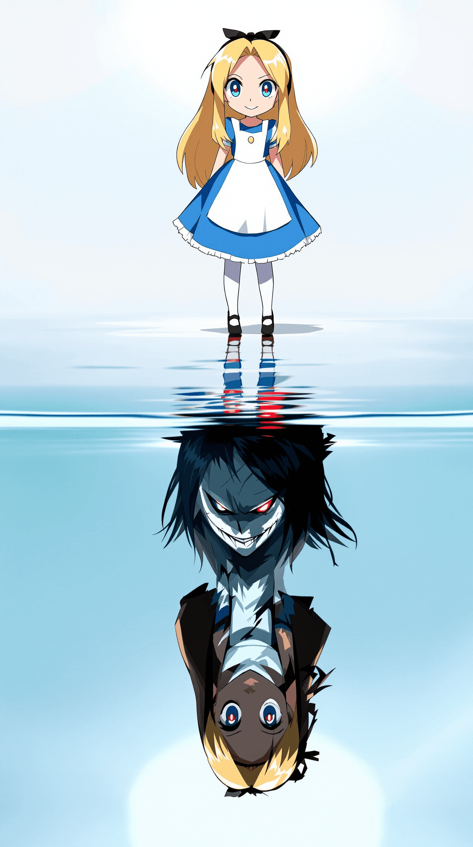 AI generated: Sharp contrast, top: Alice from 'Alice in Wonderland', bright, clean, cel-shaded anime style, big ey...