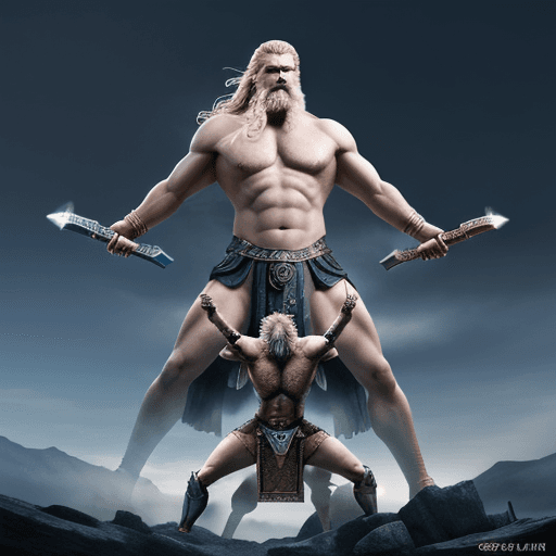 AI generated: Create an epic digital image that depicts a colossal battle between Zeus and Odin, the supreme gods ...
