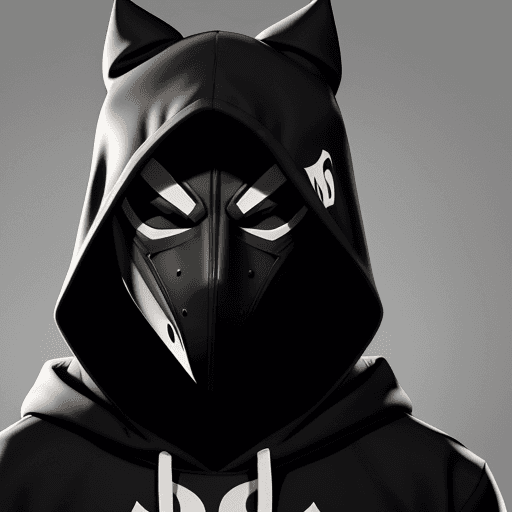 AI generated:  The image features a black and white stylized logo of a masked character. The mask has a hood and i...