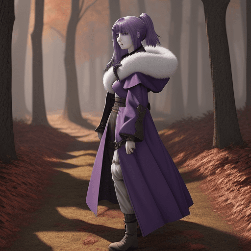 AI generated: Medieval girl anime  with shoulder-length purple hair cold fur clothes black eyes and walking in the...