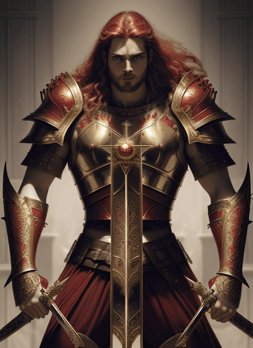 AI generated: Tarot card, symmetry, portrait of a demigod, Portrait of a male warrior holding two giant swords, in...