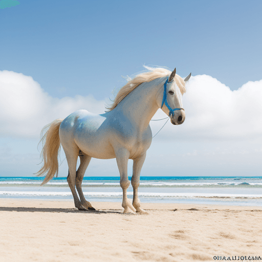 AI generated: Caballo de pie sobre sus patas traseras, en una playa, cielo azul con nubes de algodón blancas y luz...