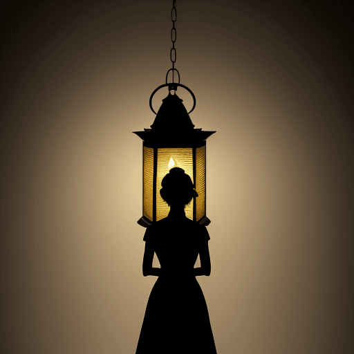 AI generated: This is a woman standing with her back. It is illuminated by a lantern and a shadow is visible. This...